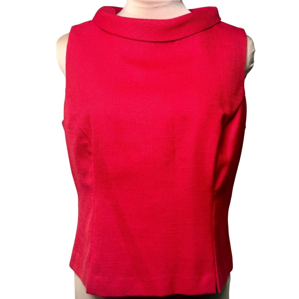 Vintage Red Sleeveless Top MCM Jackie O Mod Roll Neck Button Up Retro Bold Color